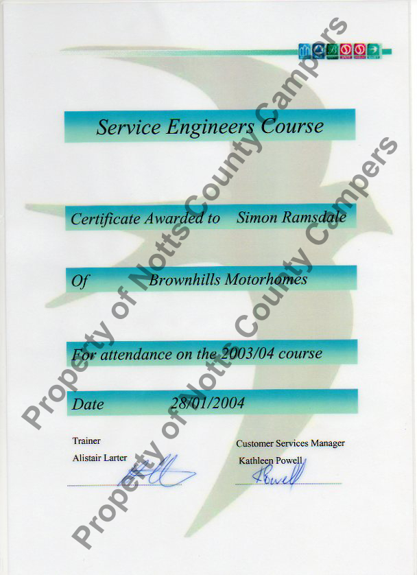 Swift Motorhomes certificate